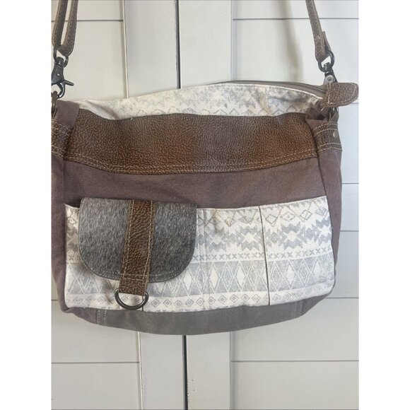 Myra Bag Tribe Strip Upcycled Canvas & Leather Aztec Crossbody Shoulder Purse - Picture 2 of 10